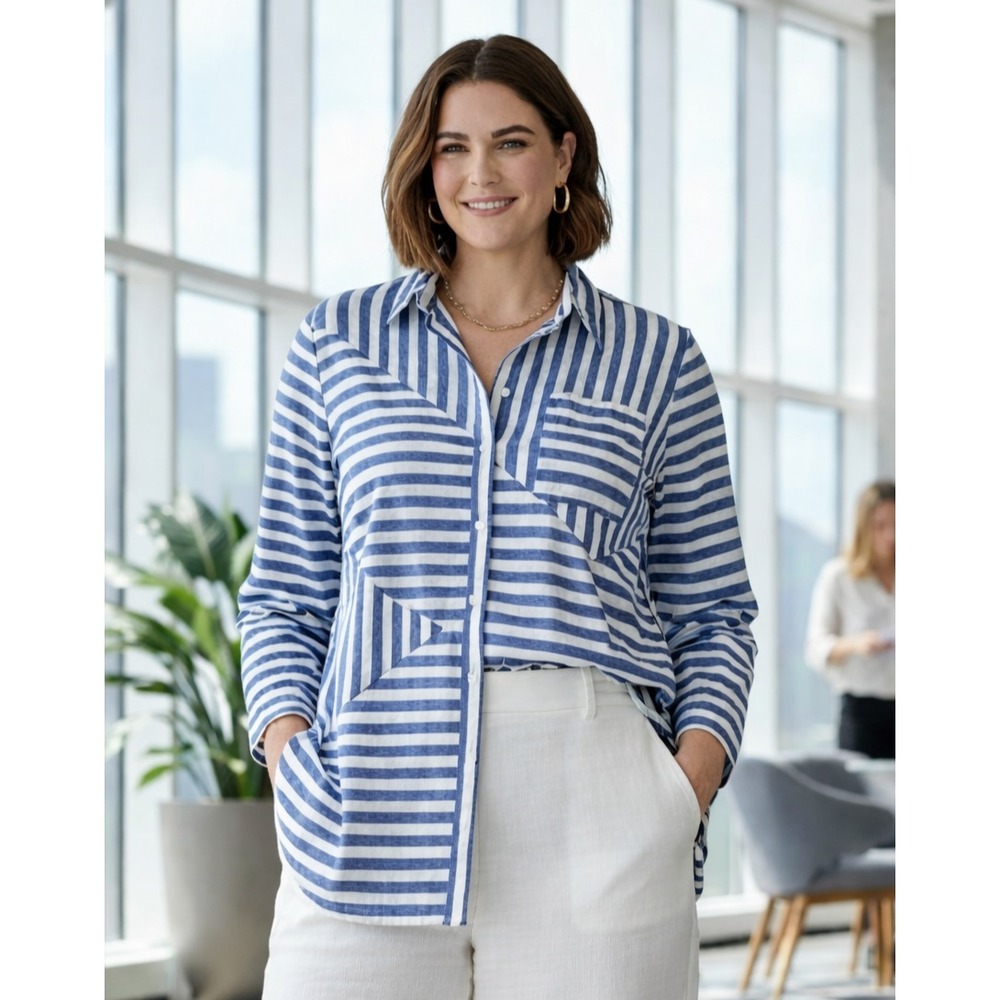 Chicos Womens Spliced Stripe Tunic Top Size XL Blue Lagenlook Simple Casual Chic